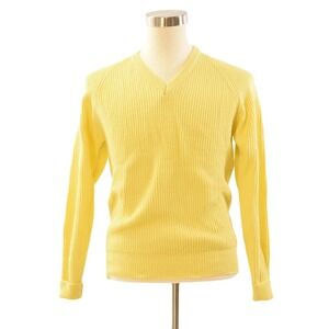 70s Vintage Mens Yellow Sweater Rib Knit V Neck Pullover Size M Thick Colorful